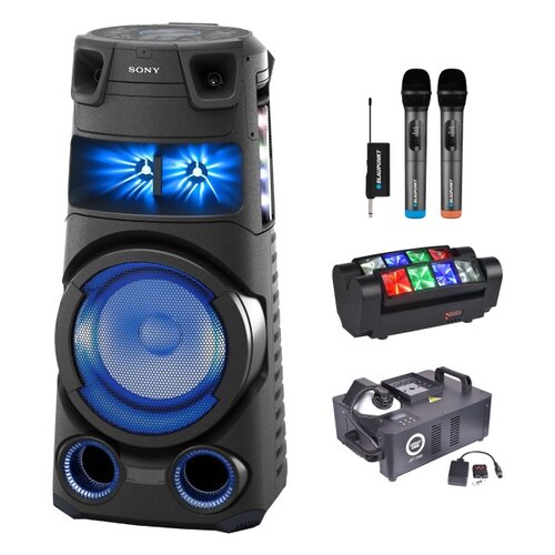 Zestaw do karaoke (Power audio SONY MHC-V73D + Mikrofon BLAUPUNKT WM60UDB (2 szt.) + Reflektor LIGHT4ME Spider MkII Turbo + Wytwornica dymu LIGHT4ME Jet 2000)