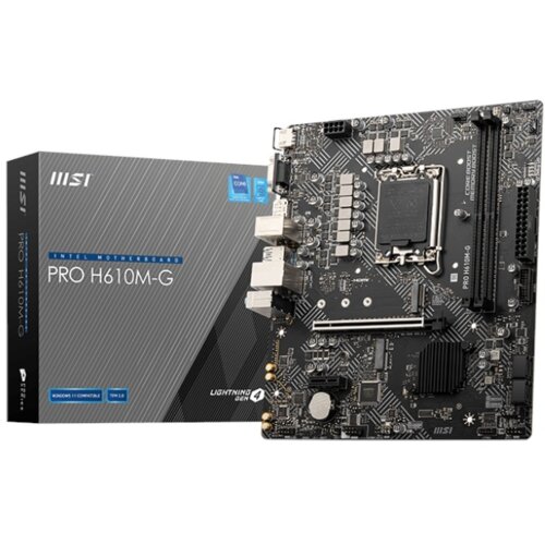 Na zdjęciu widoczna jest płyta główna z oznaczeniem "PRO H610M-G" oraz opakowanie z napisem "MSI INTEL MOTHERBOARD PRO H610M-G". Na opakowaniu znajdują się również logotypy "MSI" i "LIGHTNING GEN 4".