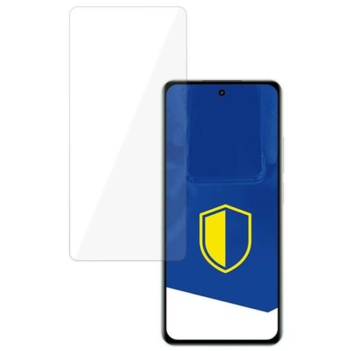 Na zdjęciu widoczne jest przezroczyste szkło hartowane obok smartfona z niebieskim ekranem, na którym znajduje się żółto-niebieska tarcza. Produkt to "Szkło hartowane 3MK HardGlass do Realme C67".