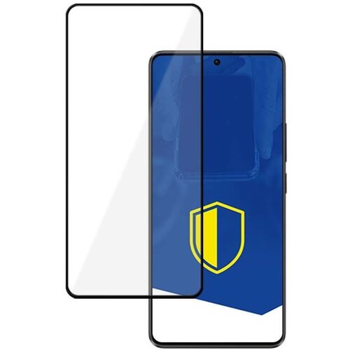 Na zdjęciu znajduje się smartfon z nałożonym szkłem hartowanym, obok którego widoczna jest grafika przedstawiająca niebieską tarczę z żółtym obramowaniem. Tło ekranu telefonu jest niebieskie, a na nim widoczna jest dłoń trzymająca urządzenie.