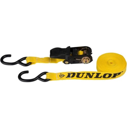 Żółty pas transportowy z czarnymi hakami i mechanizmem napinającym, na którym widnieje napis "DUNLOP". Pas jest zwinięty z jednej strony, a z drugiej rozciągnięty, ukazując jego długość.