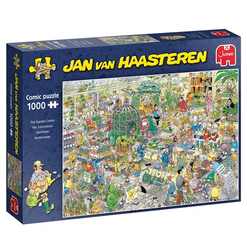 Pudełko puzzli przedstawia kolorową ilustrację centrum ogrodniczego z wieloma postaciami i roślinami. Na opakowaniu widnieje napis "JAN van HAASTEREN", "Comic puzzle 1000", oraz logo "Jumbo" z czerwonym słoniem.