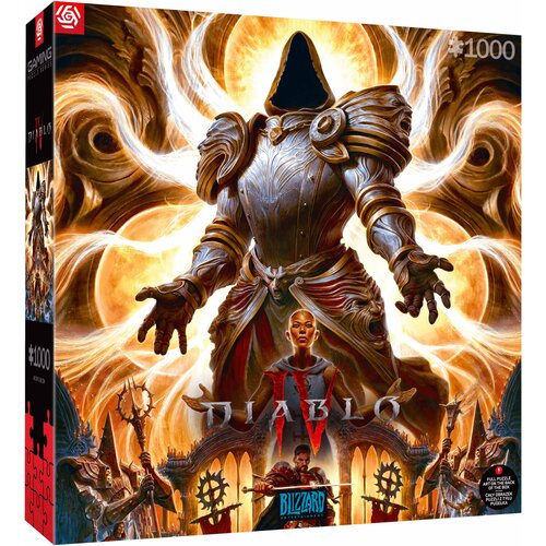 Pudełko puzzli przedstawia postać w zbroi z kapturem, unoszącą ręce, na tle jasnych, wirujących wzorów. Na dole widnieje napis "DIABLO IV" oraz logo "BLIZZARD", a w rogu oznaczenie "1000".