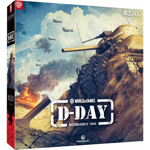 Pudełko puzzli przedstawia dynamiczną scenę z czołgiem na tle nieba z chmurami i balonami, z napisem "WORLD of TANKS D-DAY NORMANDY, 1944" oraz oznaczeniem "1000" w prawym górnym rogu. Na bocznej części pudełka widnieje logo producenta i napis "GAMING PUZ