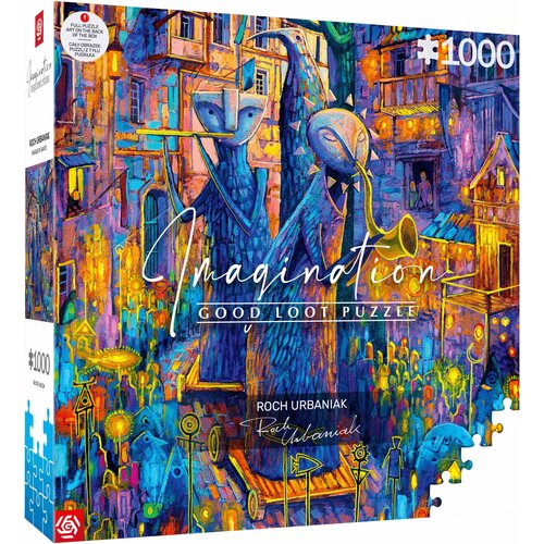 Kolorowe pudełko puzzli z ilustracją przedstawiającą fantastyczne postacie i budynki, z napisem "Imagination Good Loot Puzzle" oraz "Roch Urbaniak Parada Olbrzymów". W prawym górnym rogu widnieje liczba "1000", a w lewym dolnym rogu znajduje się logo prod