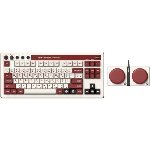 Na zdjęciu znajduje się klawiatura w stylu retro z czerwono-białymi klawiszami, oznaczona jako "8BitDo Retro Keyboard", oraz dodatkowe urządzenie z dwoma dużymi czerwonymi przyciskami i logo "8BitDo".