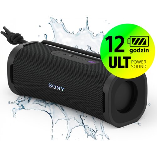 Czarny głośnik mobilny z logo "SONY" na siatce, otoczony rozpryskami wody. Obok znajduje się zielono-żółty okrąg z napisem "12 godzin ULT POWER SOUND".