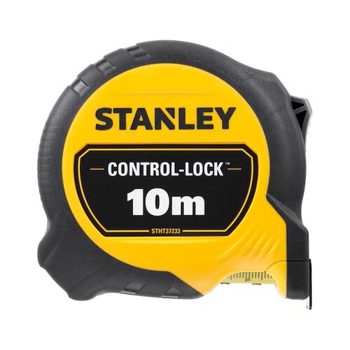 Na zdjęciu znajduje się żółto-czarna miara zwijana z widocznym napisem "STANLEY" oraz "CONTROL-LOCK™ 10m STHT37233". Miara ma solidną obudowę z wyraźnym oznaczeniem długości 10 metrów.