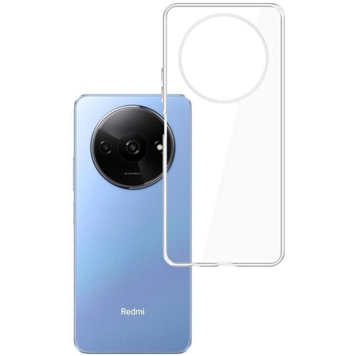 Na zdjęciu widoczny jest przezroczysty futerał na telefon, umieszczony obok niebieskiego smartfona z okrągłym modułem aparatu. Na dole telefonu znajduje się napis "Redmi".