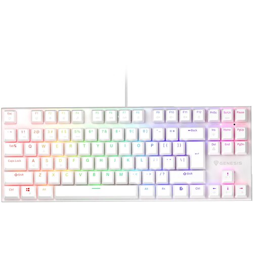 Na zdjęciu znajduje się biała klawiatura mechaniczna z podświetleniem RGB, posiadająca układ TKL (bez bloku numerycznego). Widoczne jest logo "GENESIS" w prawym dolnym rogu klawiatury.