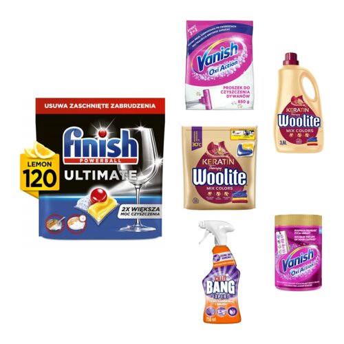 Kapsułki do zmywarki FINISH Powerball Ultimate All in 1 + Proszek do prania dywanów VANISH Oxi Action + Płyn do prania WOOLITE + Kapsułki do prania WOOLITE + Odplamiacz do tkanin Vanish + Płyn do czyszczenia łazienki CILLIT BANG