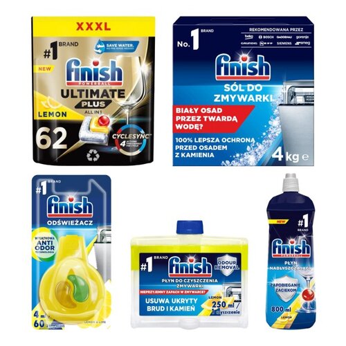 Zestaw FINISH (Kapsułki do zmywarek Powerball Ultimate Plus All in 1 + Płyn do czyszczenia zmywarek + Sól do zmywarek + Odświeżacz do zmywarek + Nabłyszczacz do zmywarek Shine Protect)