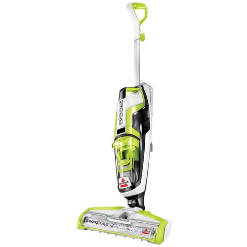 Odkurzacz pionowy w kolorach białym, czarnym i zielonym z widocznym logo "BISSELL" na korpusie. Na dolnej części odkurzacza znajduje się napis "CROSSWAVE multi-surface brush".