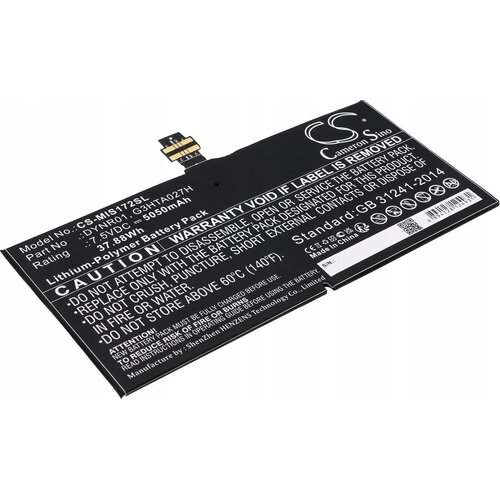 Czarny akumulator litowo-polimerowy z białymi napisami, oznaczony jako model CS-MIS172SL o pojemności 5050 mAh, przeznaczony do Microsoft Surface 4 Pro, z ostrzeżeniami dotyczącymi bezpieczeństwa i informacją o producencie Cameron Sino. Widoczne są także 