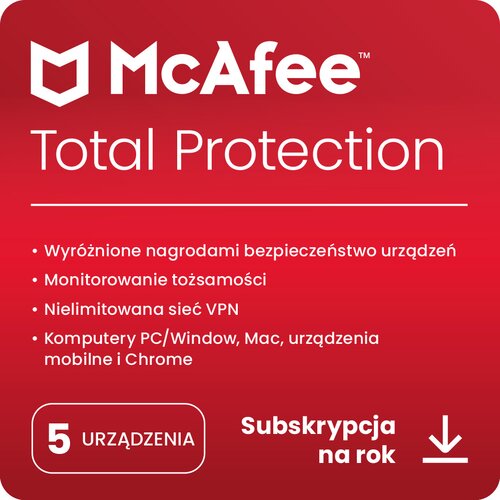 Antywirus MCAFEE Total Protection 5D New 5 URZĄDZEŃ 1 ROK Kod aktywacyjny