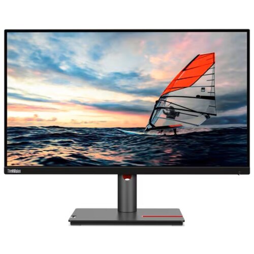 Monitor z wyświetlaczem pokazującym obraz żeglarza na desce surfingowej na wzburzonym morzu przy zachodzie słońca. Na ramce monitora widoczny jest napis "ThinkVision".