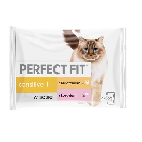 Karma dla kota PERFECT FIT Sensitive 1+ Kurczak i łosoś w sosie (4 x 85 g)