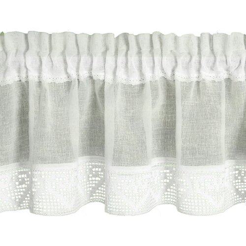 Obraz przedstawia kremową firanę o wymiarach 150 x 30 cm z delikatnym, ażurowym wzorem na dolnej krawędzi. Materiał jest lekko prześwitujący, z marszczeniami na górze, co nadaje jej elegancki wygląd.