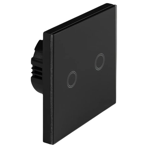 Czarny, kwadratowy łącznik świecznikowy z dwoma okrągłymi, dotykowymi przyciskami na przednim panelu. Produkt ma gładką powierzchnię i minimalistyczny design.
