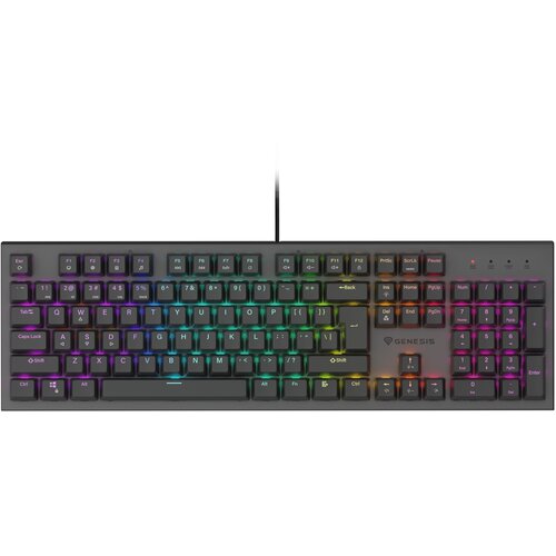 Czarna klawiatura mechaniczna z podświetleniem RGB, posiada pełny układ klawiszy z blokiem numerycznym. Na klawiaturze widoczne jest logo "GENESIS".