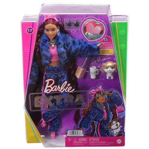 Lalka Barbie Extra Niebieski garnitur panterka Bordowe włosy HHN09