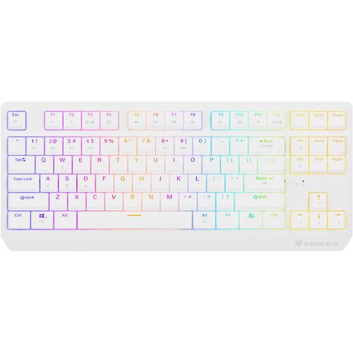 Biała klawiatura mechaniczna z podświetleniem RGB, posiadająca układ TKL (bez bloku numerycznego) oraz widoczne logo "Genesis" w dolnym rogu. Klawisze są oznaczone standardowymi symbolami, a dodatkowe funkcje są opisane na górnych częściach klawiszy.