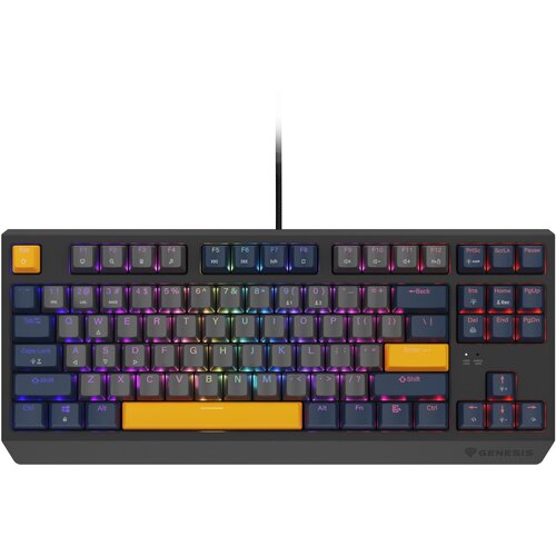 Na zdjęciu znajduje się klawiatura mechaniczna z podświetleniem RGB, z klawiszami w różnych kolorach, w tym żółtym klawiszem "Esc" i spacją. Na obudowie widoczne jest logo "Genesis".