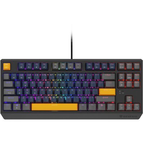 Czarna klawiatura mechaniczna z podświetleniem RGB, posiadająca klawisze w różnych kolorach, w tym żółte klawisze Escape, spacji i Enter. Na obudowie widoczne jest logo "GENESIS".