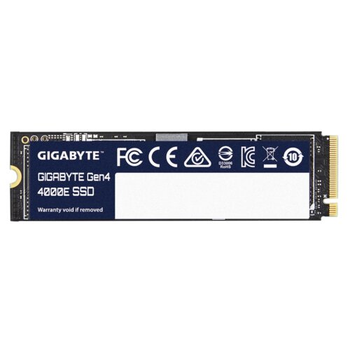 Na zdjęciu widoczny jest dysk SSD z oznaczeniami: "GIGABYTE Gen4 4000E SSD" oraz "Warranty void if removed". Na etykiecie znajdują się także różne symbole certyfikacyjne i logo "GIGABYTE".