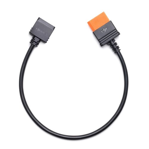 Czarny kabel z dwoma różnymi złączami, z których jedno ma pomarańczowy element i logo "DJI", a drugie oznaczenie "DJI AIR 3".