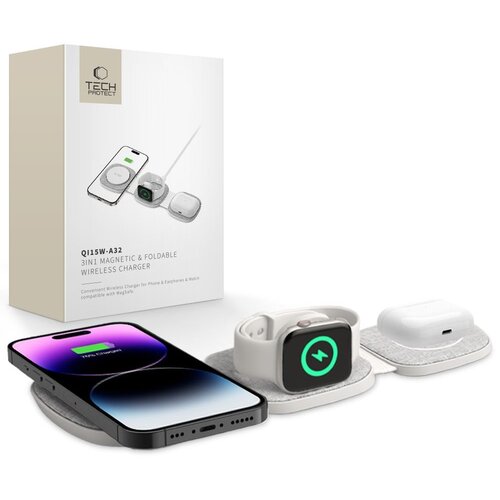 Ładowarka indukcyjna TECH-PROTECT QI15W-A32 3w1 Magnetic MagSafe 15W Biało-szary
