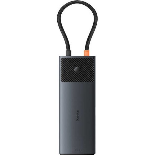 Czarny hub USB typu C z serii BASEUS Metal Gleam Series II 10w1, z widocznym plecionym kablem i napisem "baseus" na obudowie. Produkt ma elegancki, metaliczny wygląd z teksturowanym wzorem na górnej części.