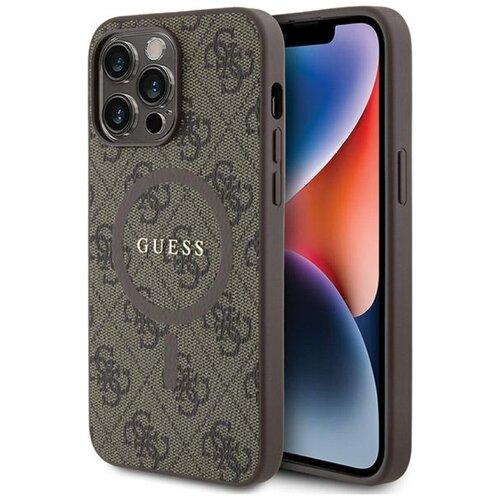 Etui GUESS 4G Collection Leather Metal Logo MagSafe do Apple iPhone 15 Pro Max Brązowy