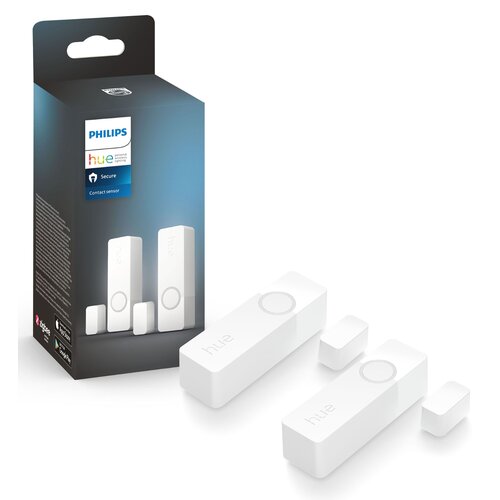 Opakowanie produktu "Czujnik otwarcia drzwi i okien PHILIPS HUE Secure 2 szt. Biały" z widocznym logo PHILIPS oraz napisem "hue Secure Contact sensor". Obok opakowania znajdują się dwa białe czujniki z napisem "hue" i okrągłym przyciskiem.