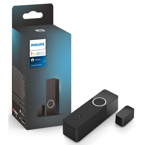 Na zdjęciu znajduje się czarny czujnik otwarcia drzwi i okien Philips Hue Secure oraz jego opakowanie. Na opakowaniu widnieje logo "PHILIPS hue", napis "Secure Contact sensor" oraz ikony sklepów "App Store" i "Google Play".