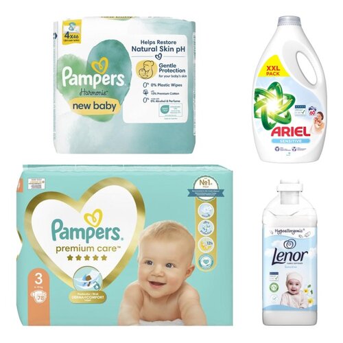 Pieluchy PAMPERS Premium Care 3 (78 szt.) + Płyn do prania ARIEL Sensitive 3000 ml + Płyn do płukania LENOR Sensitive 1600 ml + Chusteczki nawilżane PAMPERS Harmonie New Baby (184 szt.)