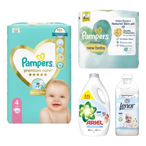 Pieluchy PAMPERS Premium Care VP 4 (68 szt.) + Płyn do prania ARIEL Sensitive 3000 ml + Płyn do płukania LENOR Sensitive 1600 ml + Chusteczki nawilżane PAMPERS Harmonie New Baby (184 szt.)