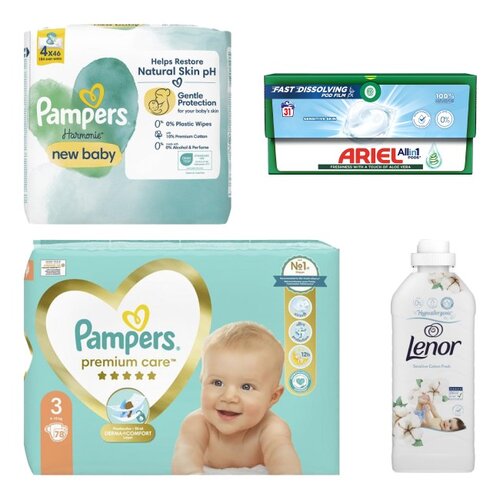 Pieluchy PAMPERS Premium Care 3 (78 szt.) + Kapsułki do prania ARIEL All in 1 Pods Sensitive Skin - 31 szt. + Płyn do płukania LENOR Sensitive Cotton Fresh 1200 ml + Chusteczki nawilżane PAMPERS Harmonie New Baby (184 szt.)