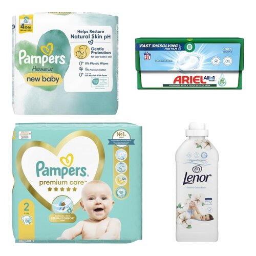 Pieluchy PAMPERS Premium Care 2 (88 szt.) + Kapsułki do prania ARIEL All in 1 Pods Sensitive Skin - 31 szt. + Płyn do płukania LENOR Sensitive Cotton Fresh 1200 ml + Chusteczki nawilżane PAMPERS Harmonie New Baby (184 szt.)