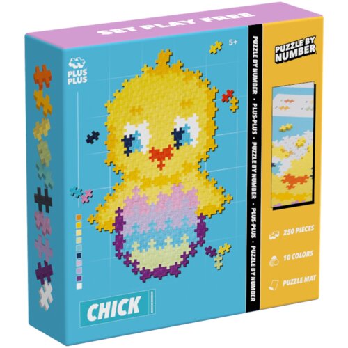 Opakowanie zestawu klocków plastikowych z serii "Puzzle by Number" przedstawia kolorowego kurczaka złożonego z małych elementów. Na pudełku widnieją napisy: "PLUS PLUS", "PUZZLE BY NUMBER", "250 PIECES", "10 COLORS", "PUZZLE MAT" oraz "CHICK".