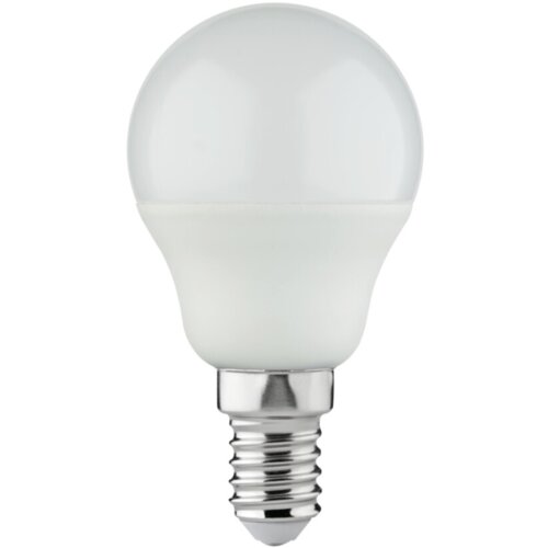 Na zdjęciu znajduje się żarówka LED o mlecznobiałej kopule i metalowej podstawie z gwintem. Produkt to "Żarówka LED KANLUX IQ-LED G45E14 5.9W-WW 5.9W E14".