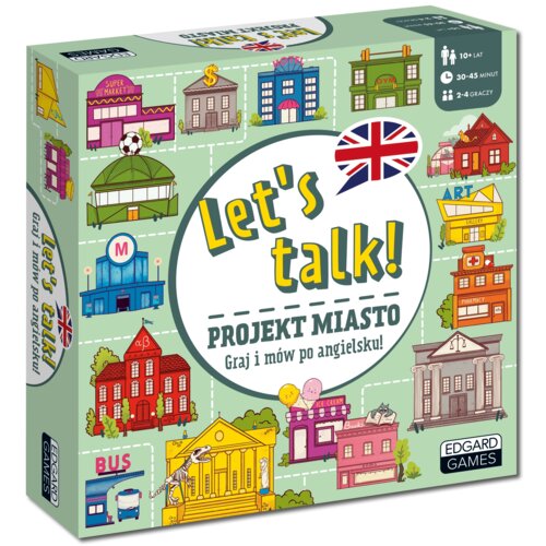 Pudełko gry planszowej "Let's talk! Projekt miasto" z kolorowymi ilustracjami budynków miejskich, takimi jak supermarket, hotel, stadion, oraz napisami: "Let's talk! PROJEKT MIASTO Graj i mów po angielsku!" i "EDGARD GAMES". Na opakowaniu znajdują się rów