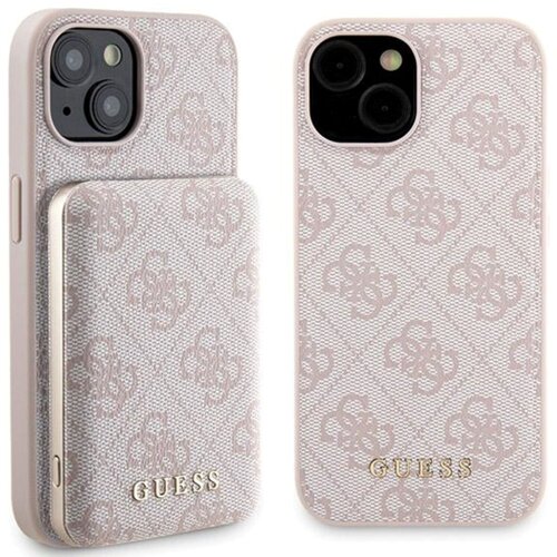 Etui GUESS 4G Metal Logo do Apple iPhone 15 + Powerbank 5000mAh MagSafe Różowy