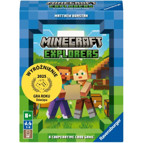 Opakowanie gry karcianej z motywem Minecraft, przedstawiające dwie postacie trzymające mapę na tle pikselowego krajobrazu. Na opakowaniu widnieje tekst: "MINECRAFT EXPLORERS", "A COOPERATIVE CARD GAME", "Matthew Dunstan", oraz żółta naklejka z napisem "WY