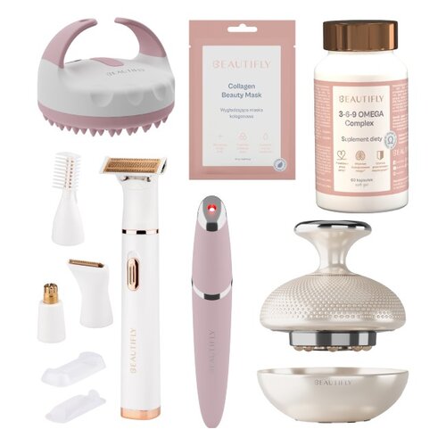 Zestaw BEAUTIFLY (Masażer B-Lumix Body + Masażer B-Body + Golarka My Blade Silky + Maseczki Collagen Beauty Mask + Masażer do oczu B-Sensi + Suplement diety 3-6-9 Omega Complex)