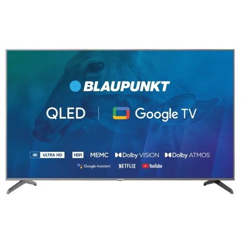 Telewizor z logo "BLAUPUNKT" na ekranie, z napisami "QLED" i "Google TV". Widoczne są również oznaczenia technologii: "4K ULTRA HD", "HDR", "MEMC", "Dolby VISION", "Dolby ATMOS", oraz logotypy "Google Assistant", "NETFLIX" i "YouTube".
