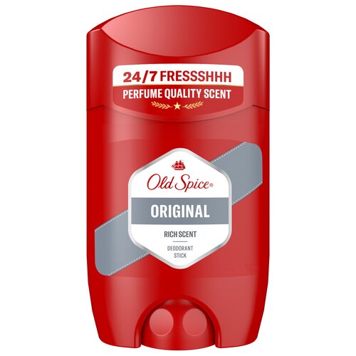 Czerwony dezodorant w sztyfcie z widocznym logo "Old Spice" oraz napisami: "24/7 FRESSSHHH", "PERFUME QUALITY SCENT", "ORIGINAL", "RICH SCENT", "DEODORANT STICK". Produkt ma pojemność 50 ml.