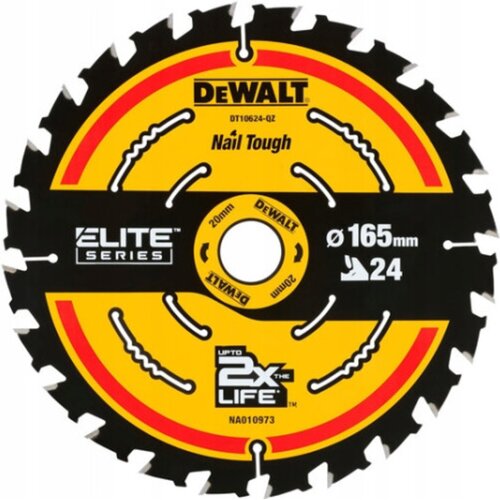 Na zdjęciu widoczna jest tarcza do cięcia z napisem "DEWALT" oraz oznaczeniami: "DT10624-QZ", "Nail Tough", "ELITE SERIES", "20mm", "Ø165mm", "24", "UP TO 2X THE LIFE", "NA010973". Tarcza ma czarno-żółty wzór z ząbkowanymi krawędziami.