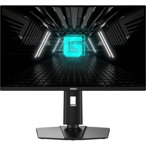 Monitor z cienkimi ramkami, na ekranie wyświetlany jest futurystyczny motyw z neonowym logo w kształcie litery "G" na tle ciemnego, geometrycznego tunelu. Na dolnej ramce monitora widoczne jest logo "msi".