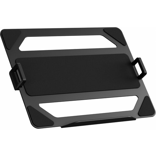 Czarny adapter uchwytu do monitora o prostokątnym kształcie z zaokrąglonymi rogami, posiada otwory wentylacyjne oraz dwa uchwyty po bokach. Produkt wykonany jest z metalu i tworzywa sztucznego, z matowym wykończeniem.